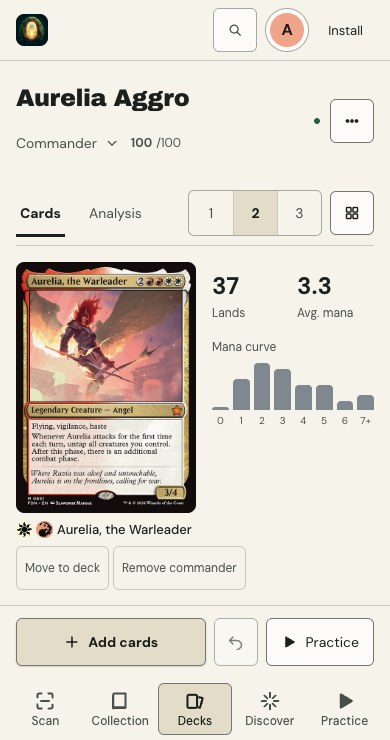 The mobile deck builder, with a two-column card gallery and actions at the bottom.