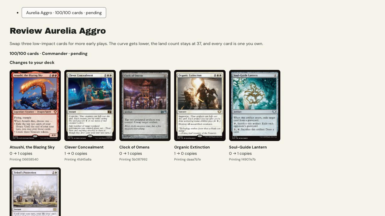 Reviewing an assistant’s proposal on the desktop: each card to add or cut is shown with its copy count.