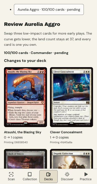 Reviewing an assistant’s proposal on a phone, with the reason for the swaps and the cards that change.