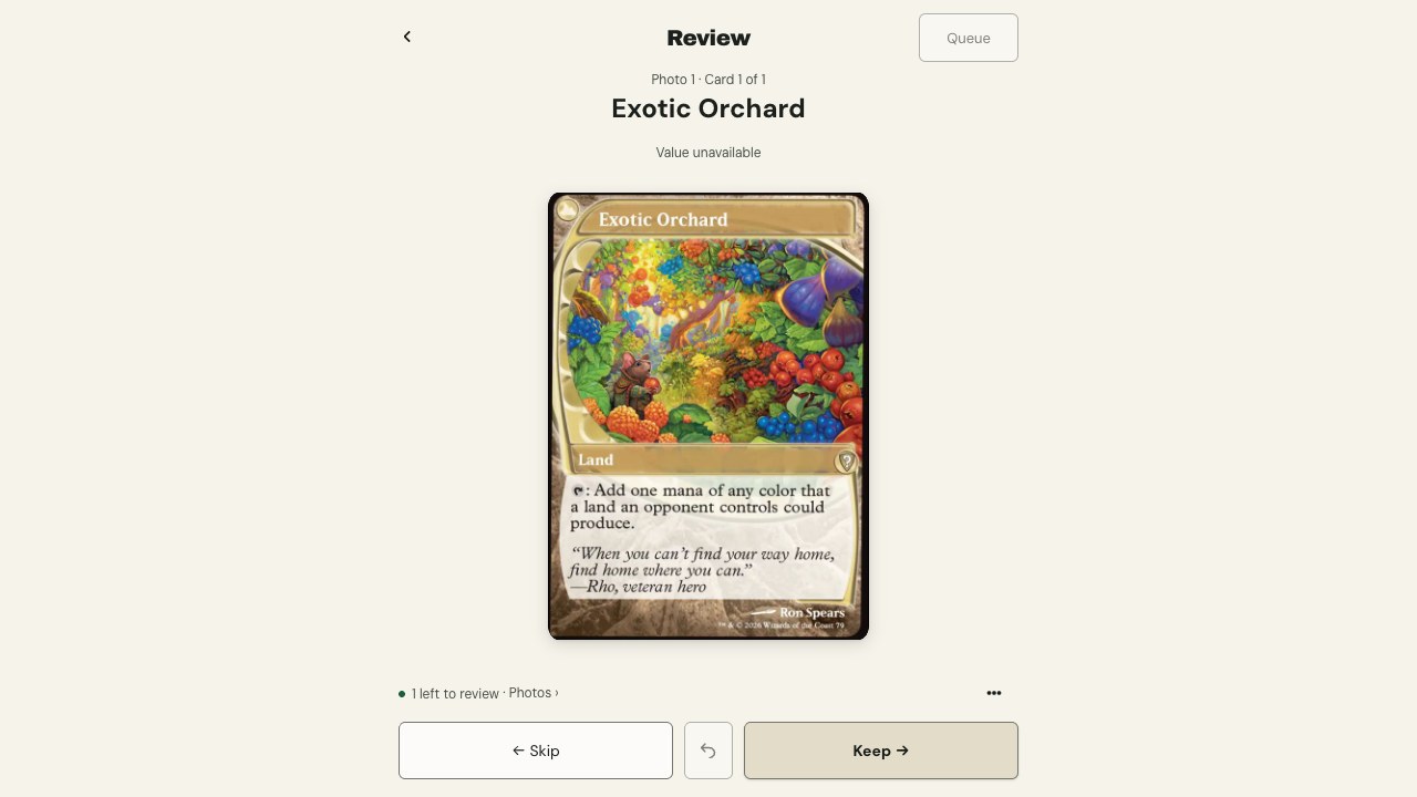 Photo scanning on a tablet, with the card read and its match ready to review.