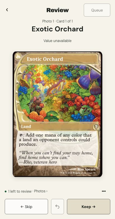 Mobile photo scanning, reviewing an Exotic Orchard card before import.