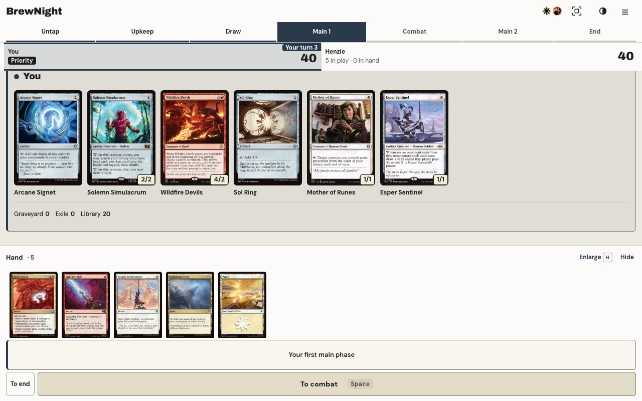 Desktop practice game with your battlefield, the turn sequence, and an expanded horizontal hand.